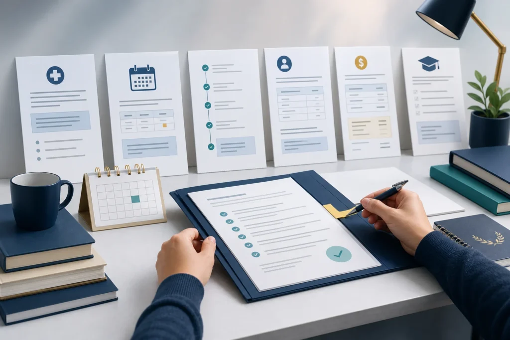 Student organising medical evidence, enrolment records and fee documents for fee remission.